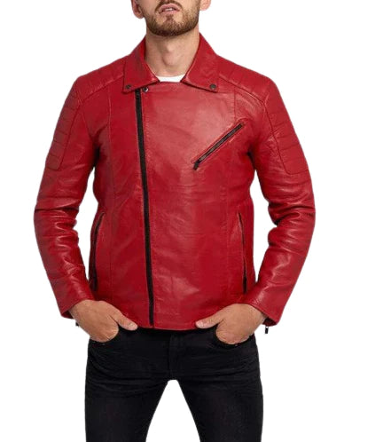 Mens red leather biker jacket front view