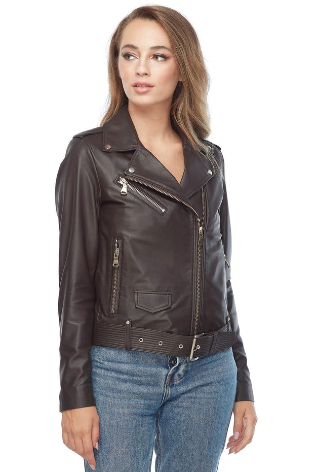 Model wearing womens black leather moto jacket