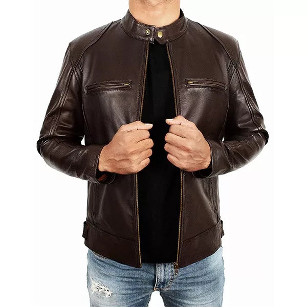 Mens brown moto racer leather jacket