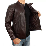 Mens brown moto racer leather jacket side view