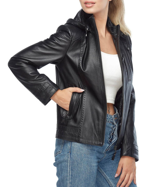 Womens genuine black leather biker jacket side view