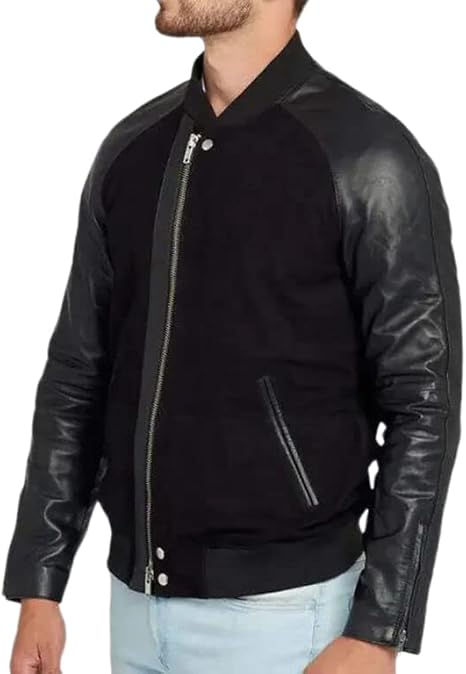 Mens black suede leather jacket back view