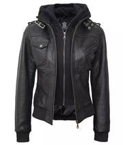 Womens black leather bomber jacket with removeable hood front view