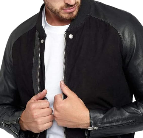 Mens black suede leather jacket close-up details