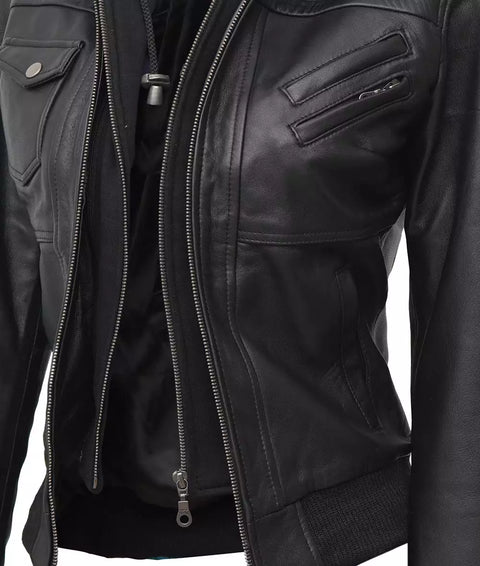 Womens black leather bomber jacket with removeable hood close-up details