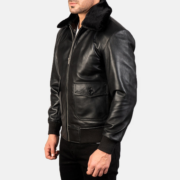 Mens black G1 leather flight jacket side view