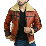 Mens B3 bomber shearling leather jacket with fur collar front view