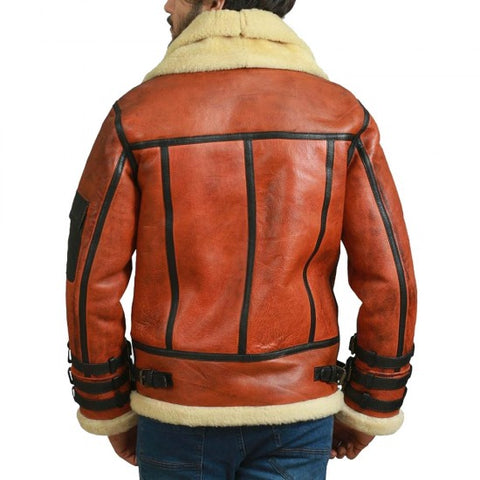 Mens B3 bomber shearling leather jacket with fur collar back view