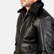 Mens black G1 leather flight jacket close-up details