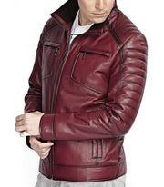 Mens red leather biker jacket side view