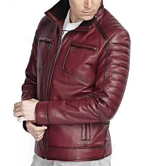 Mens red leather biker jacket side view