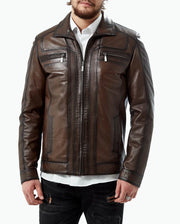 Mens motorcycle brown leather jacket front view