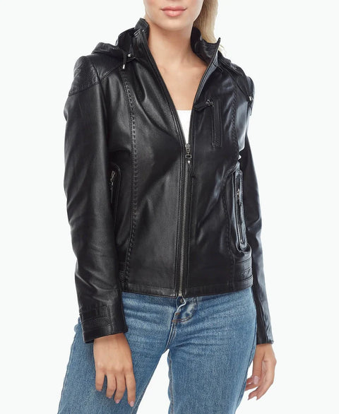 Womens genuine black leather biker jacket front view