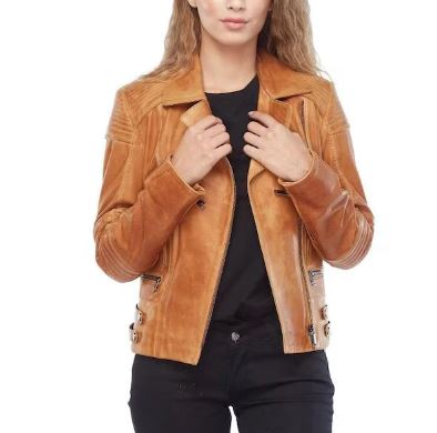 womens motorcycle tan lambskin leather jacket