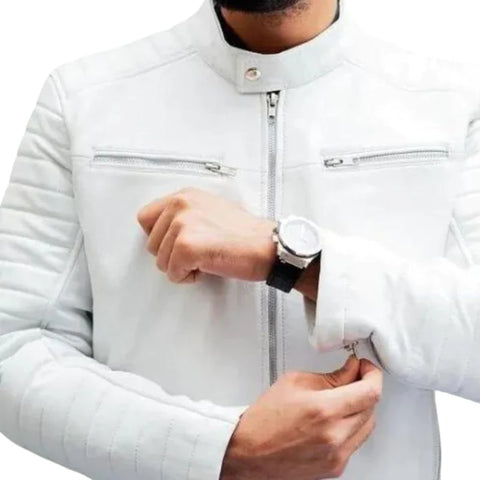 Mens white leather biker jacket close-up detail