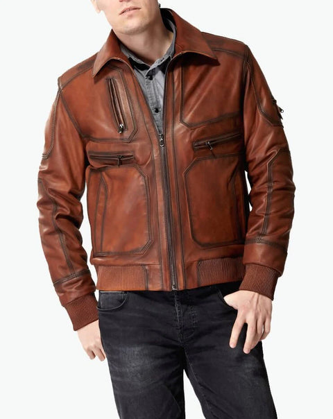 Mens tan leather motorcycle jacket front view