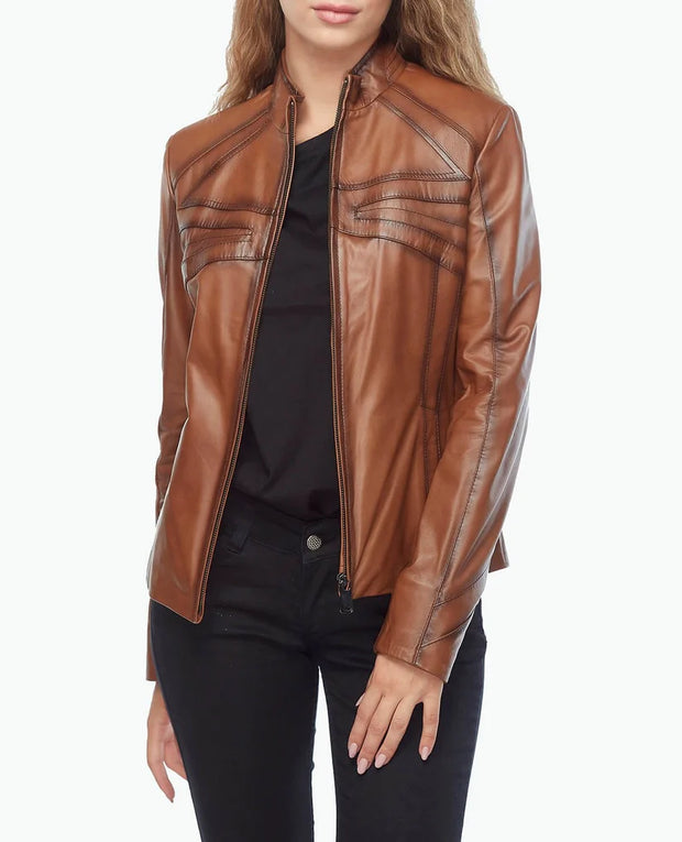 Womens brown leather biker jacket front view