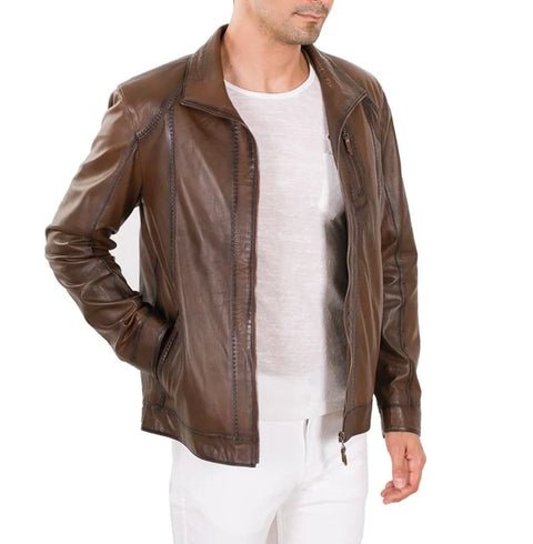 Mens brown leather biker jacket front view