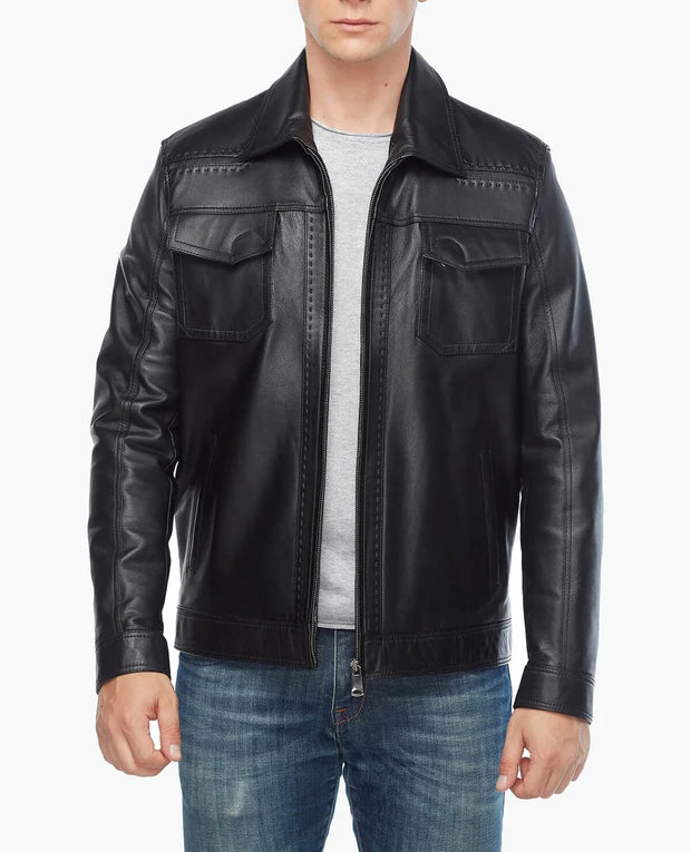 Mens black leather motorcycle jacket front view