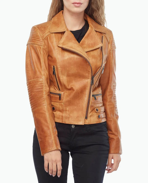 Womens motorcycle tan lambskin leather jacket front view