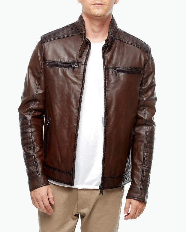 Mens brown leather motorcycle jacket front view