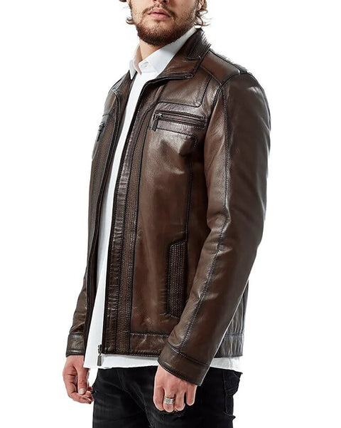 Mens motorcycle brown leather jacket side view