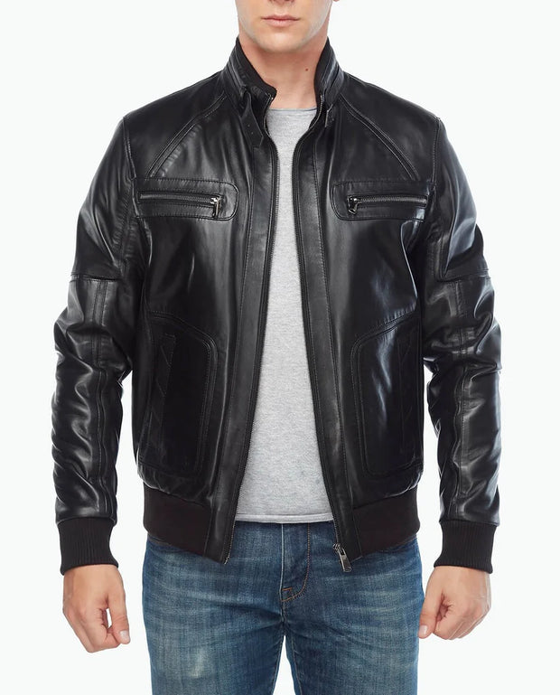 Mens black leather bomber biker jacket front view