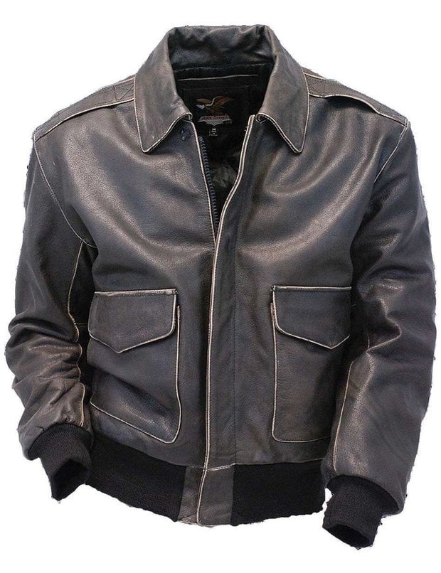 Mens vintage black leather bomber jacket front view