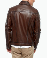 Mens brown leather motorcycle jacket back view