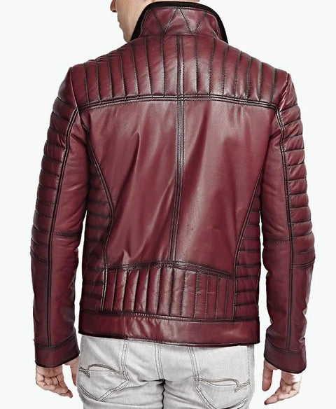 Mens red leather biker jacket back view