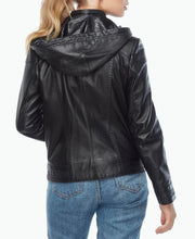 Womens genuine black leather biker jacket back view