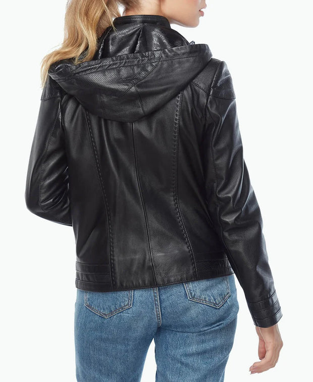 black leather jacket with hood women's