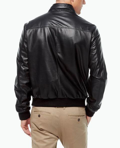 Black biker leather jacket for men back view