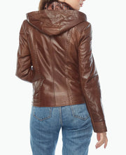 Womens hooded brown biker leather jacket back view