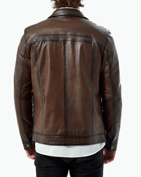 Mens motorcycle brown leather jacket back view