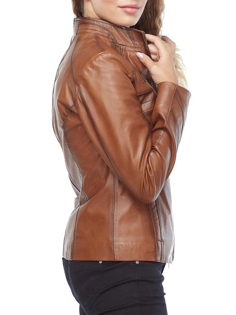 Womens brown leather biker jacket side view