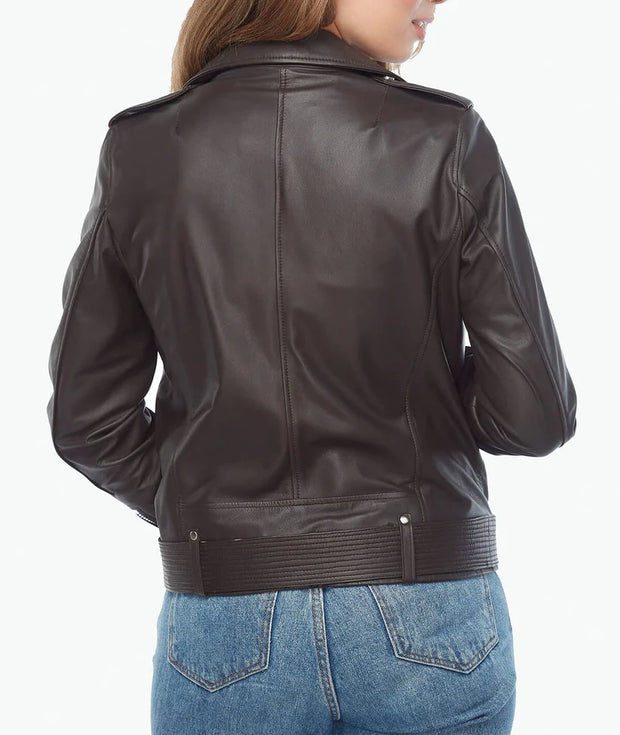 Womens black leather moto jacket back view