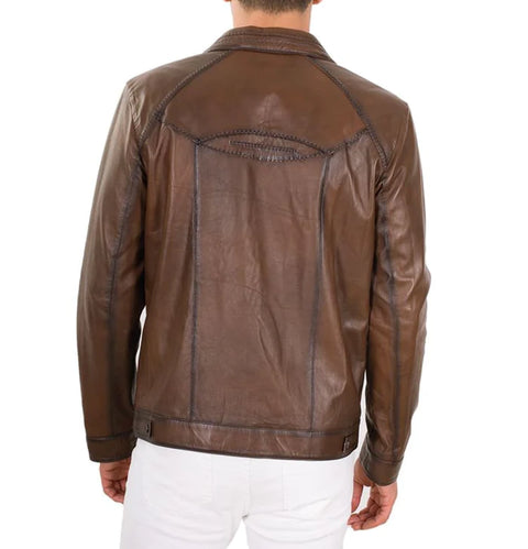 Mens brown leather biker jacket back view