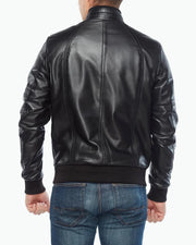 Mens black leather bomber biker jacket back view