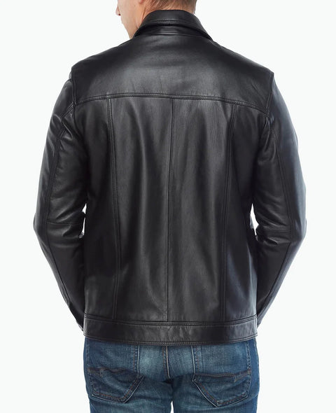 Mens black leather motorcycle jacket back view