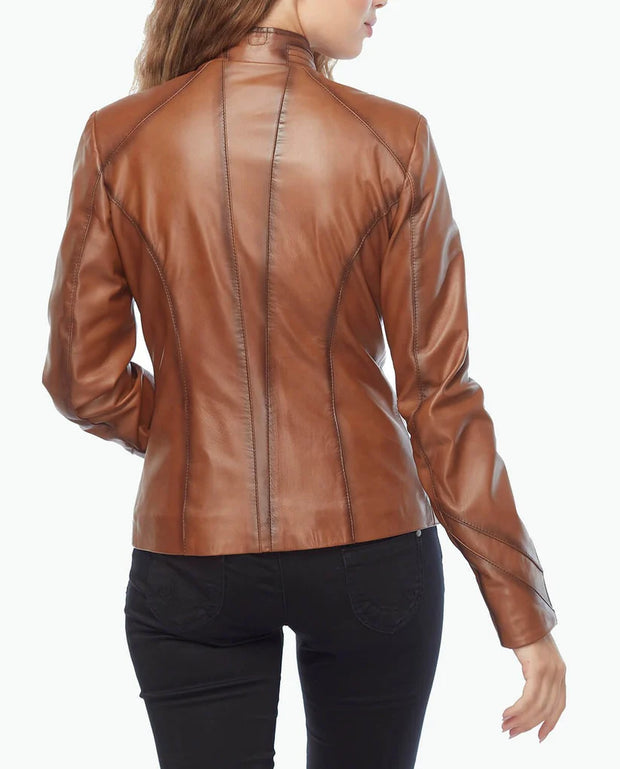 Womens brown leather biker jacket back view