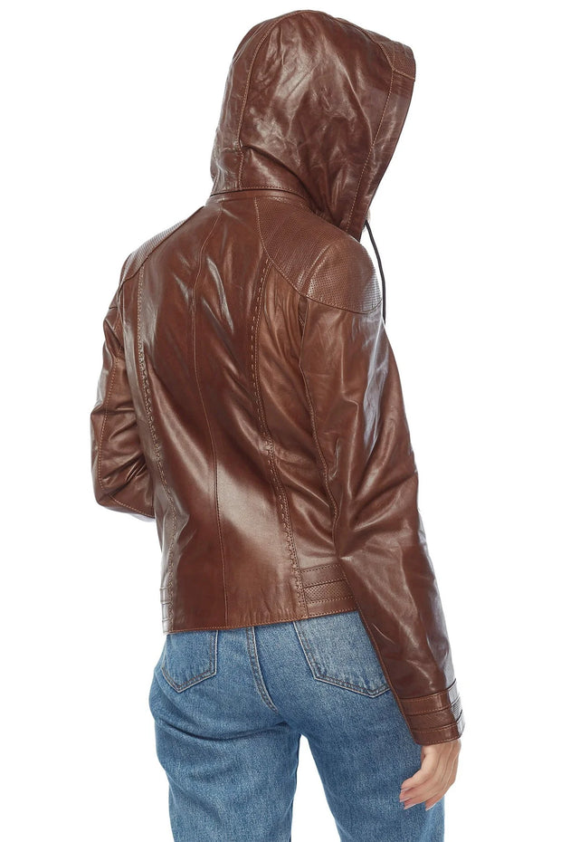 Womens hooded brown biker leather jacket 