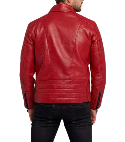 Mens red leather biker jacket back view