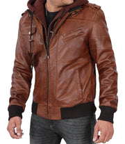 Mens brown leather hooded biker jacket