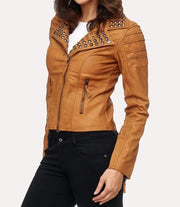 Womens brown studded leather jacket side view