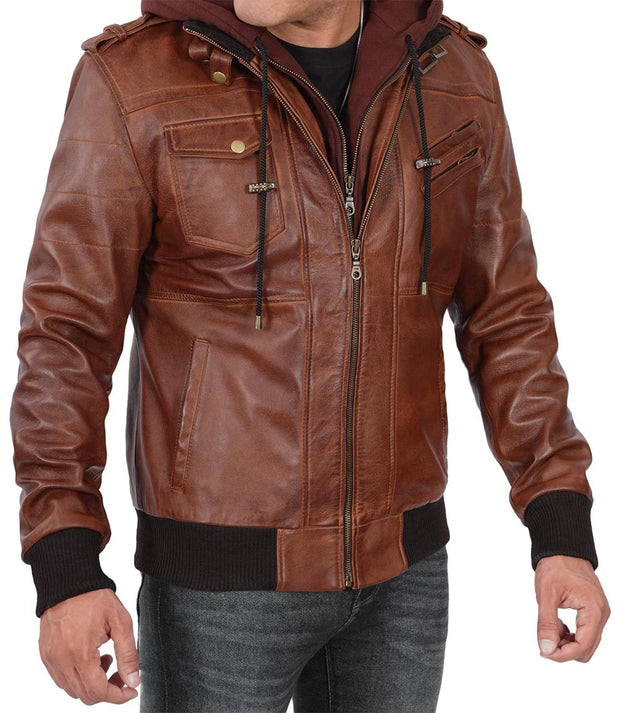 Mens brown leather hooded biker jacket