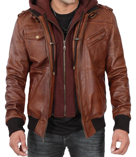 Mens brown leather hooded biker jacket front view