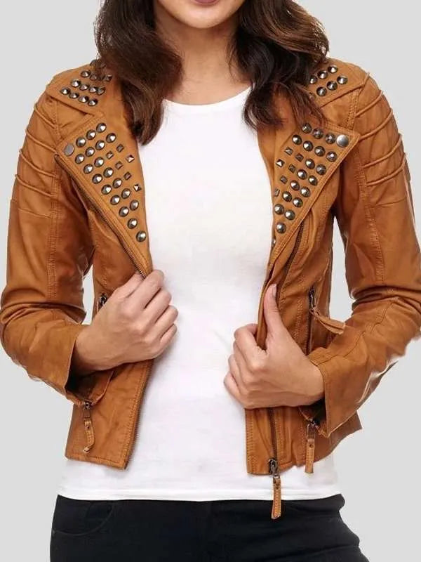 Womens brown studded leather jacket front view