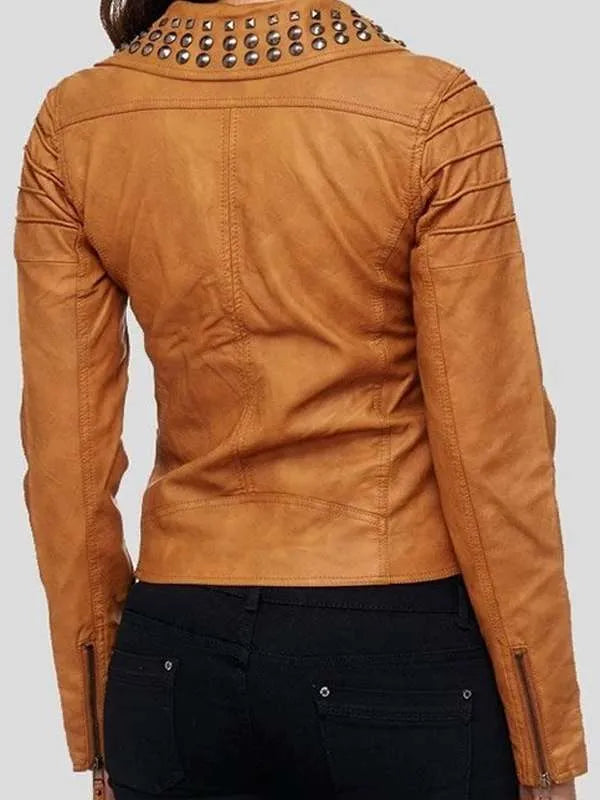 Womens brown studded leather jacket back view