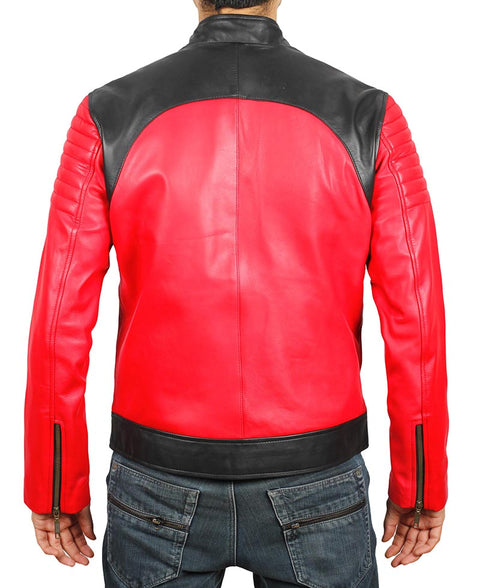 Mens vintage red leather biker jacket back view